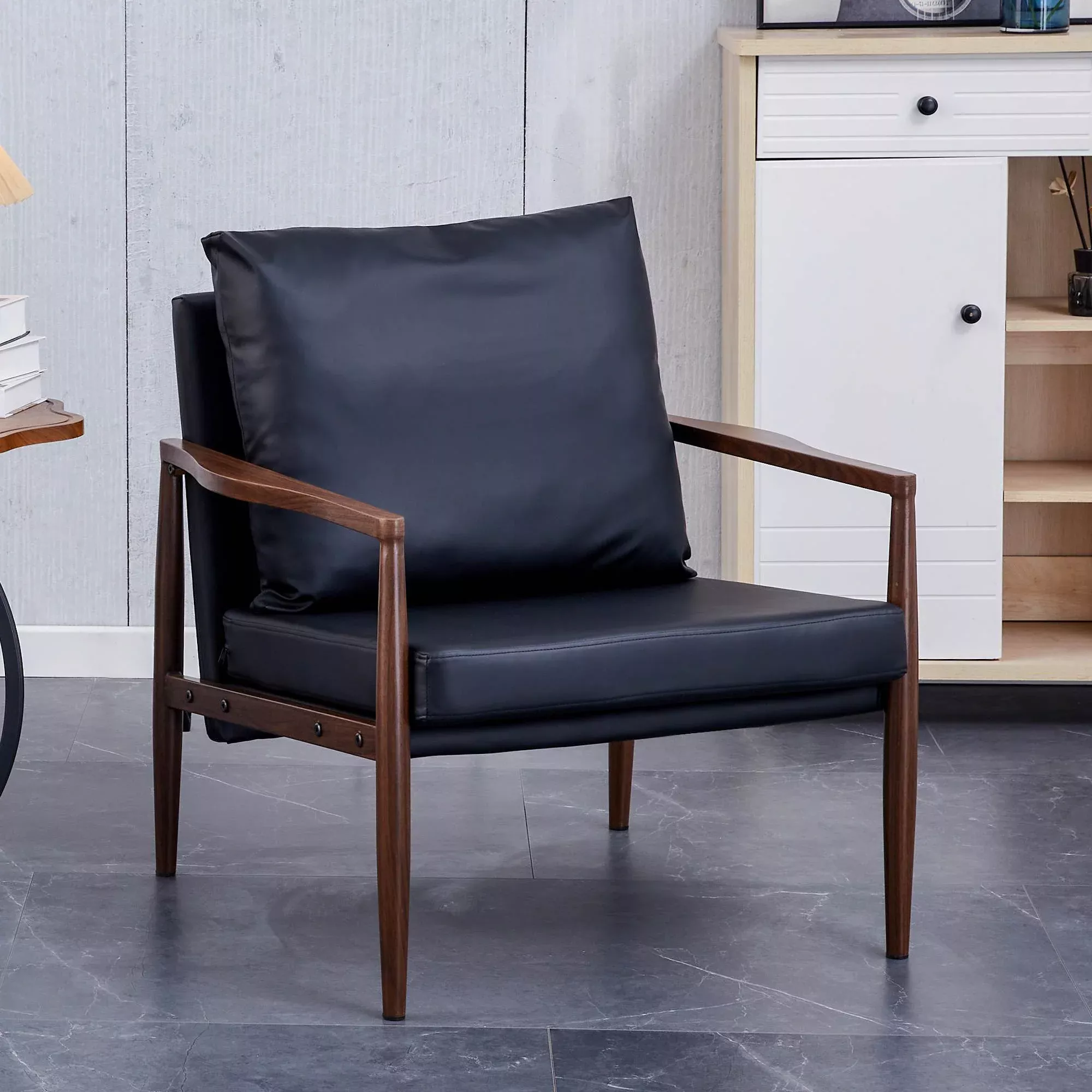 Sofa Chair.Black Pu Leather Accent Arm Chair Mid Century Modern Upholstered Armchair With Imitation Solid Wood Color Metal Frame Padded Backrest And Seat Cushion Sofa Chairs For Living Room Sf 010 Black Foam Pu